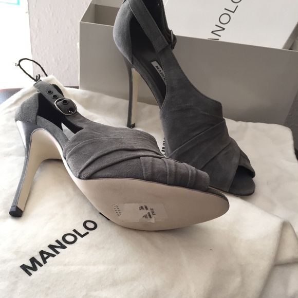 Manolo Blahnik Gray Suede Peep Toe Heels - Picture 4 of 8